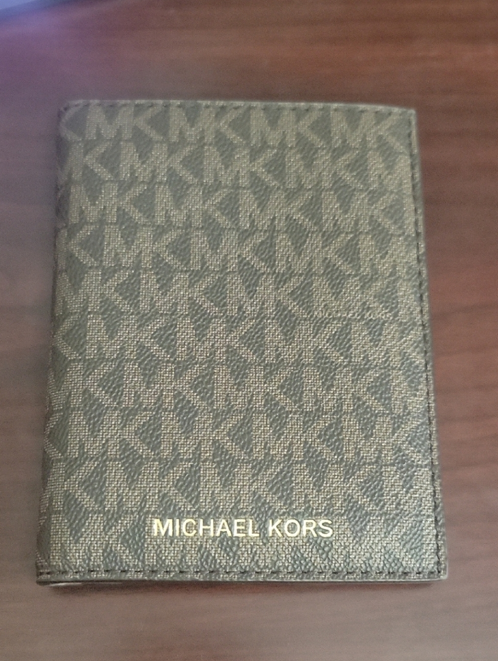 Michael Kors Brown MK Monogram Card & Passport Holder with Gold Logo